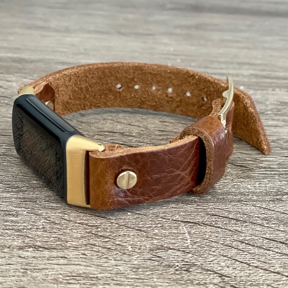 Brown Grain Leather Gold Jewelry Fitbit Charge 5 Band Women Strap Bracelet - Picture 8 of 8